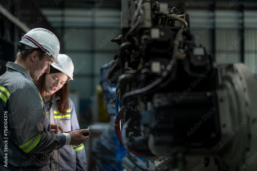 Factory engineer woman inspecting on machine with smart tablet. Worker works at machine robot arm. The welding machine with a remote system in an industrial factory. Artificial intelligence concept. Factory engineer woman inspecting on machine with smart tablet. Worker works at machine robot arm. The welding machine with a remote system in an industrial factory. Artificial intelligence concept.