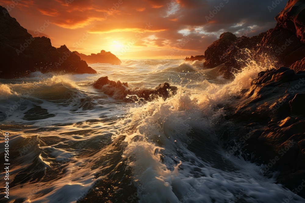 Sunset at a rocky beach, waves crashing, dramatic sky with cumulus clouds