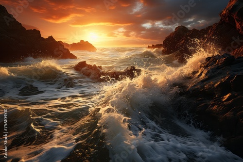 Sunset at a rocky beach, waves crashing, dramatic sky with cumulus clouds