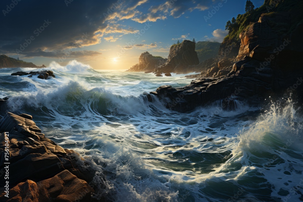 a large body of water is crashing against a rocky shoreline at sunset