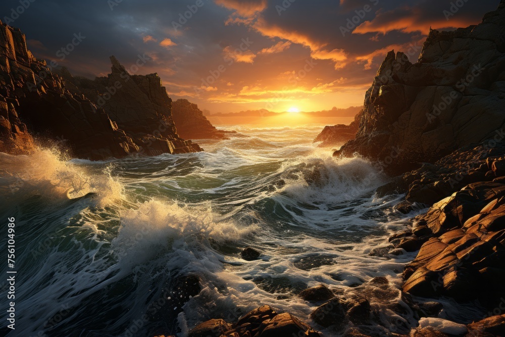Sunset painting the rocky shoreline with crashing waves, under a cloudy sky