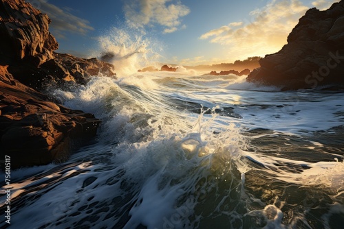 The waters wind waves crash against the rocky shoreline at sunset