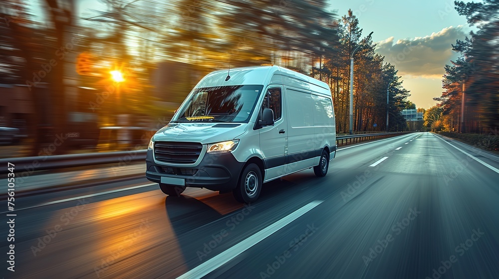 White modern delivery small shipment cargo courier van moving fast on motorway road to city