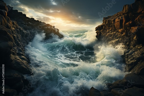 Water crashing against cliff at sunset, creating a dramatic natural landscape photo