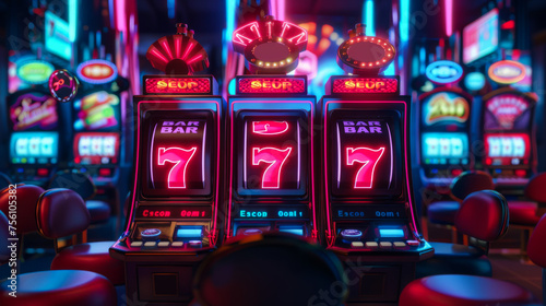 A casino with three slot machines with neon lights and the numbers 1 through 7. The casino is brightly lit and has a neon atmosphere