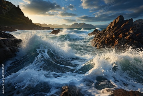 The water waves are fiercely crashing the ocean rocks under the cloudy sky photo