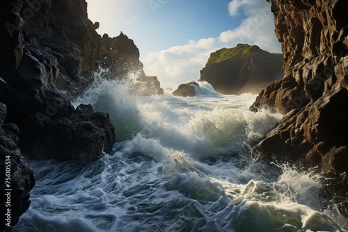 Water crashes against rocky shore creating a mesmerizing natural landscape
