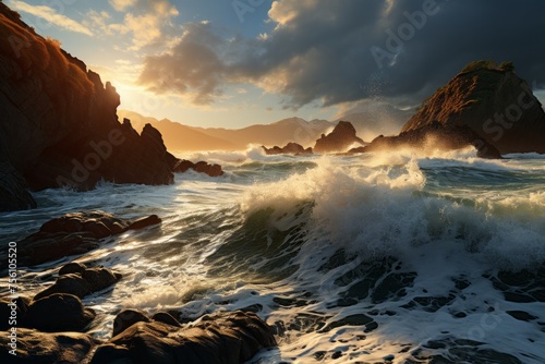 a sunset over a rocky shoreline with waves crashing against the rocks © 昱辰 董