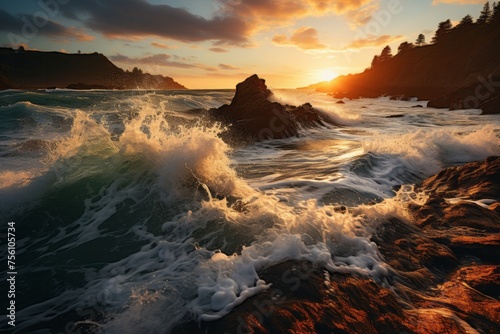 Sunset illuminating rocky beach with waves crashing against rocks