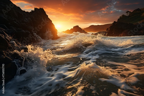 Sunset illuminating the water with crashing waves against rocky shore