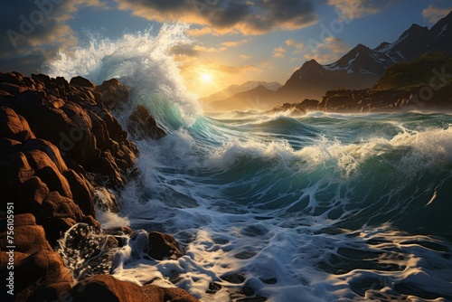Water crashing against rocks at sunset in a beautiful natural landscape