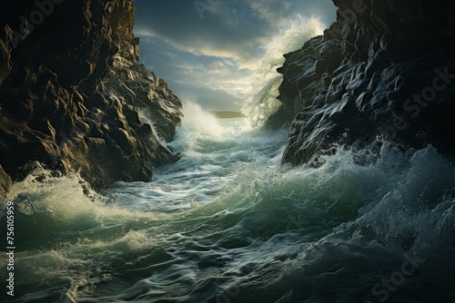 Water flows through canyon, waves crash on rocks under cloudy sky © 昱辰 董