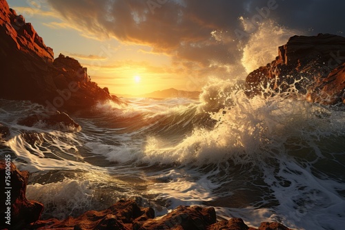 Dusk paints the sky as waves crash against rock on beach