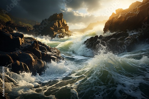 Water crashes on rocky shore at sunset, creating a dramatic natural landscape © 昱辰 董