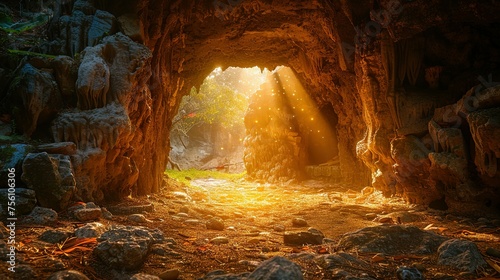 Empty tomb with stone rocky cave and light rays bursting from within. Easter resurrection of Jesus Christ. Christianity, faith, religious, Christian Easter concept