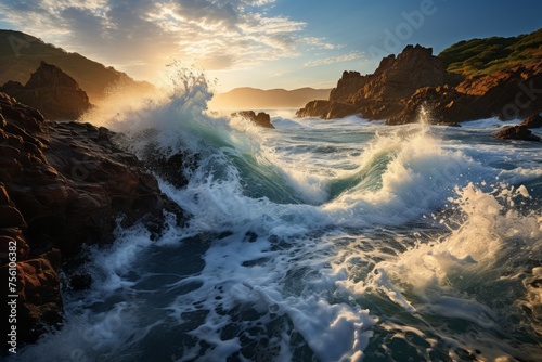 Fluid water crashes on rocky shore at sunset, under cloudy sky