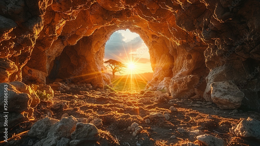 Empty tomb with stone rocky cave and light rays bursting from within. Easter resurrection of Jesus Christ. Christianity, faith, religious, Christian Easter concept Empty tomb with stone rocky cave and light rays bursting from within. Easter resurrection of Jesus Christ. Christianity, faith, religious, Christian Easter concept