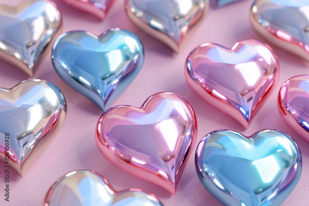 Colorful shiny hearts on a pink background. 3d rendering. Colorful shiny hearts on a pink background. 3d rendering.