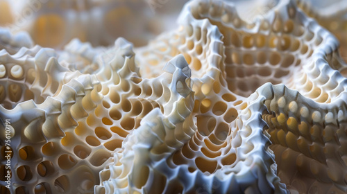 A macro photograph showcasing the intricate structures and layers of a 3Dprinted acoustic metamaterial. It features a complex mazelike pattern with alternating layers of dense