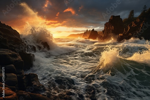 Dramatic dusk sky over stormy ocean with crashing waves against rocky coast