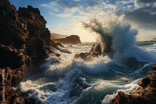 A powerful wave meets the rugged shore in a display of natural fluid energy