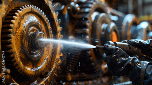 Golden gears being cleaned with high-pressure water in an industrial environment.