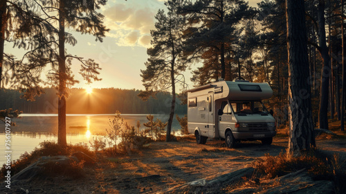 A white camper van is parked by a lake at sunset. The scene is peaceful and serene, with the sun setting in the background and the water reflecting the colors of the sky