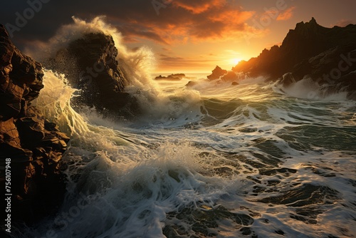 The waves crash against the rocks under the colorful sunset sky