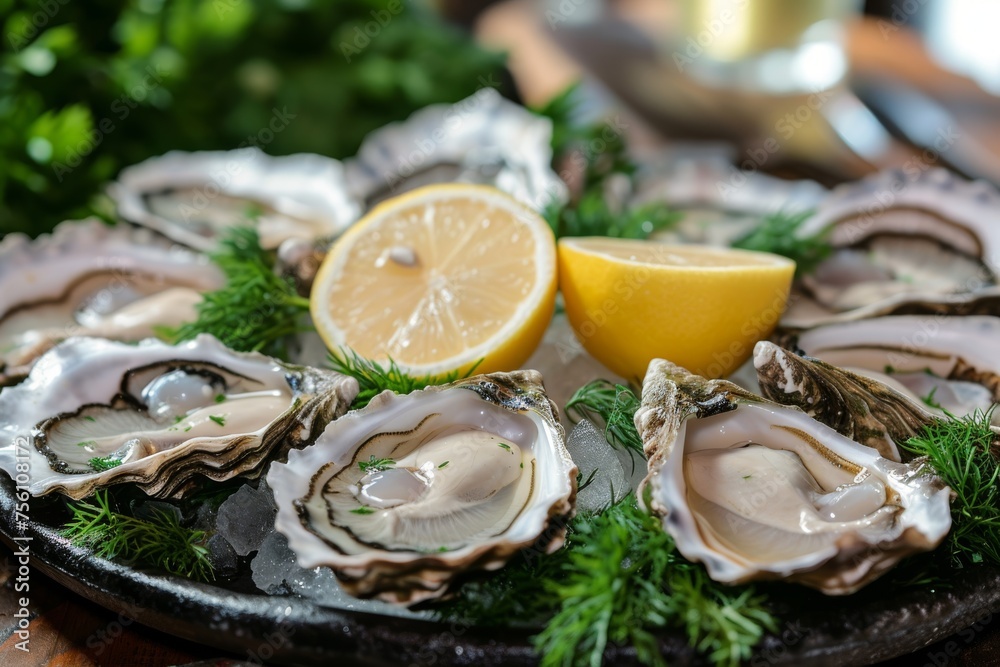 Oysters on a black plate in a restaurant Oysters on a black plate in a restaurant