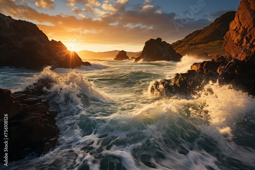 Sunset on the ocean with waves crashing against rocks