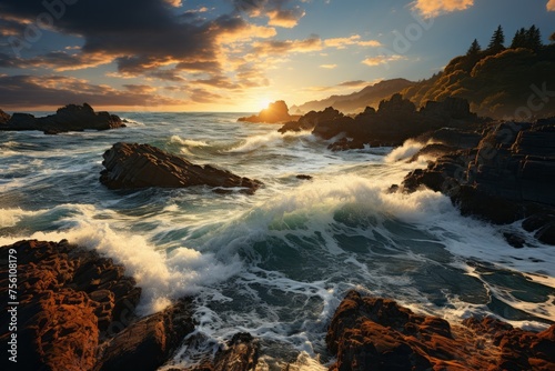 Sunset casting warm light on rocky shore with waves crashing against rocks