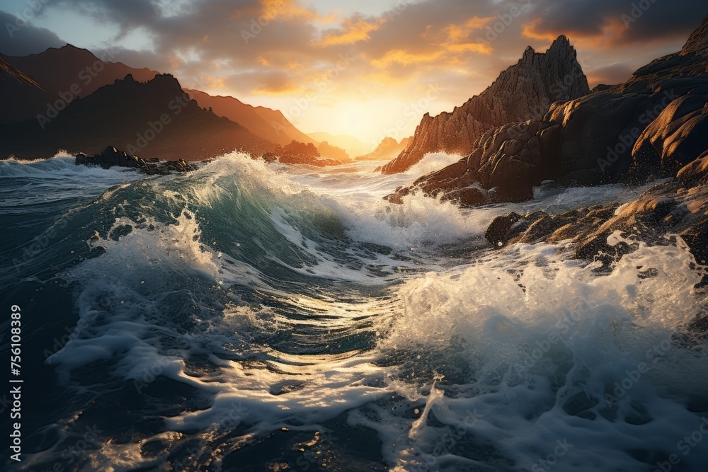 Water waves crash on rocks at sunset in a picturesque natural landscape