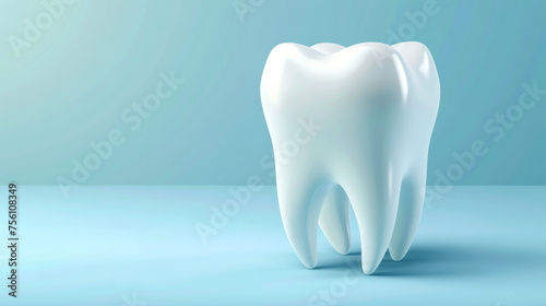 A white tooth is shown on a blue background. The tooth is the main focus of the image  and it is a close-up shot. The blue background gives the image a calm and serene mood