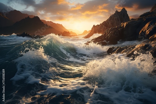 Water waves crash on rocks at sunset in a picturesque natural landscape © 昱辰 董