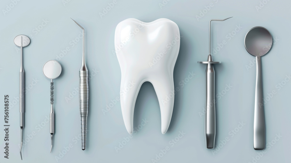 A set of dental tools and a tooth are displayed on a blue background. Scene is professional and informative, as it showcases the tools used in dental procedures A set of dental tools and a tooth are displayed on a blue background. Scene is professional and informative, as it showcases the tools used in dental procedures