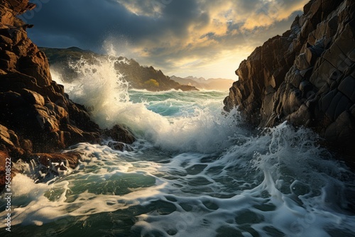 Water surges against rugged shore, creating a dramatic natural landscape © 昱辰 董