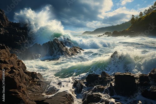 Water waves collide with the rocky shore, creating a stunning natural landscape