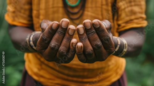 A closeup of a persons hands with their fingers intertwined and palms facing upwards representing the common hand gesture used in yoga for meditation and mindfulness.