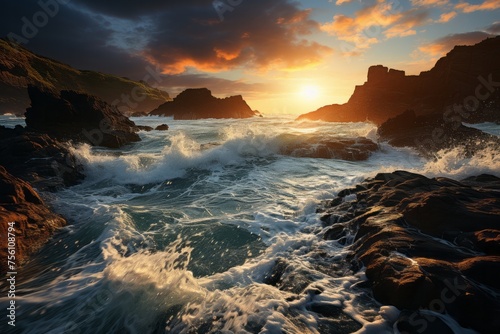 A serene sunset by the rocky beach with waves crashing against the rocks
