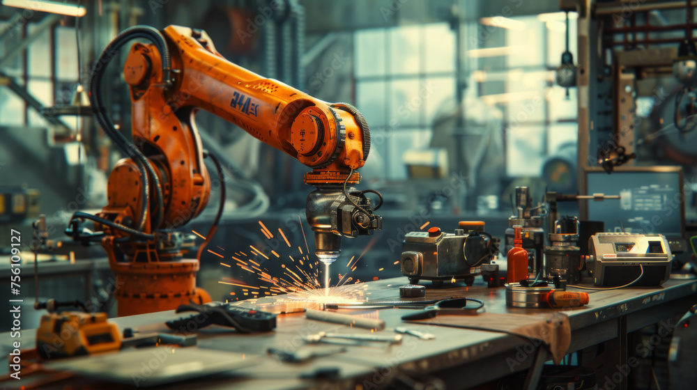 A robotic arm performs precise welding in a modern industrial setting, with sparks flying and advanced machinery in the background.