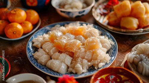 A plate of sticky and sweet rice cakes or nian gao are believed to bring higher achievements and promotions in the upcoming year.