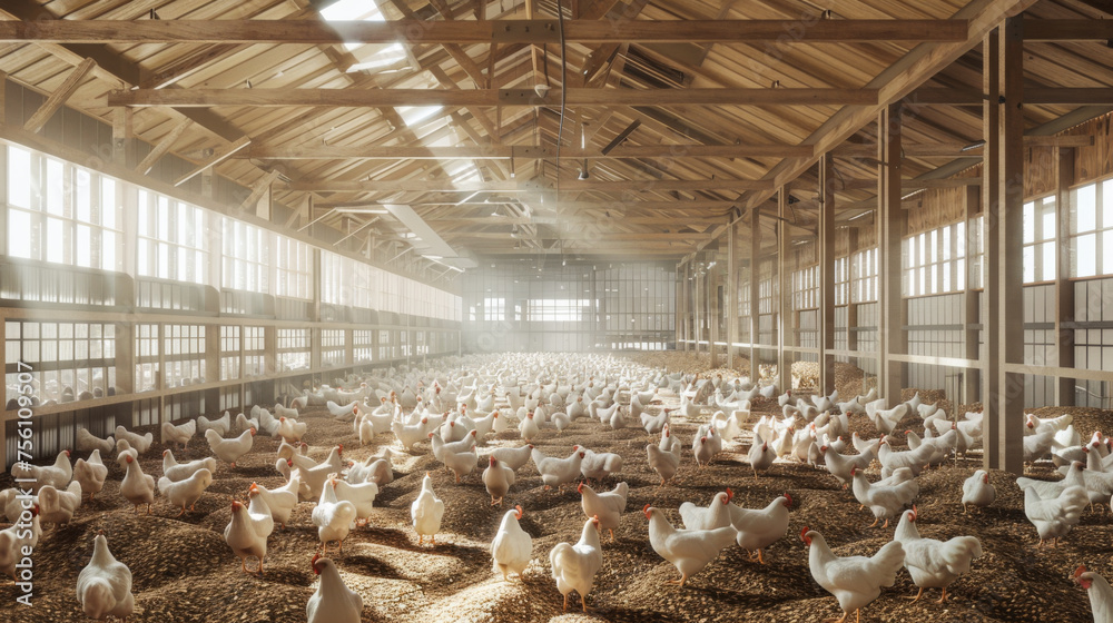 A large flock of chickens are in a barn. The barn is filled with the chickens and the sun is shining through the windows - obrazy, fototapety, plakaty 