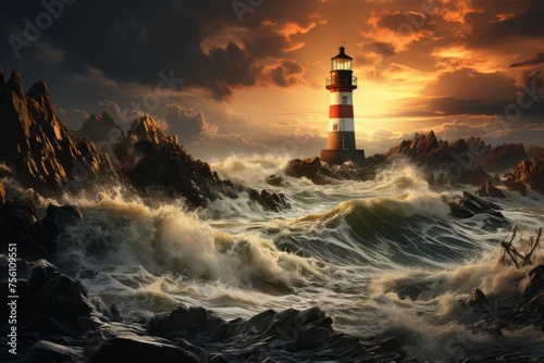 Lighthouse on stormy sea at sunset, tower reaching the sky, art in the horizon