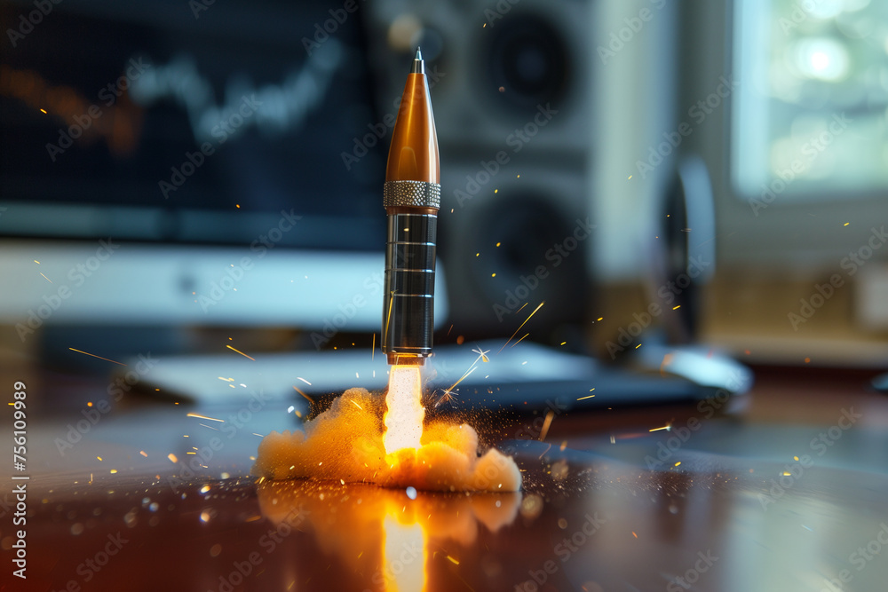 Rocket-Pen Soaring from Successful Businessman's Desk - Office Startup Concept, Thriving Business, Promising Future, and Soaring Ventures - obrazy, fototapety, plakaty 