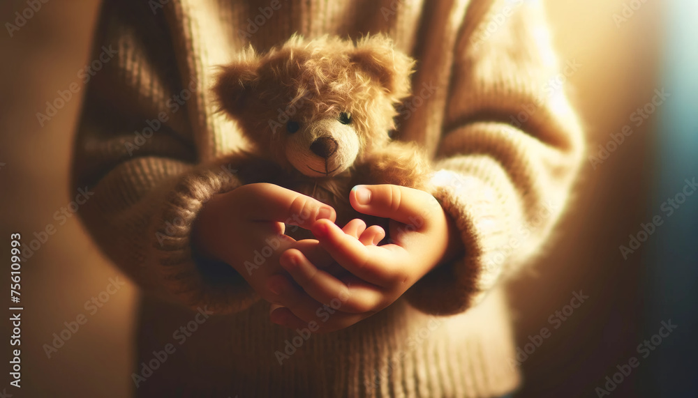 Child's hands gently holding a teddy bear. Child care concept. Ai generative - obrazy, fototapety, plakaty 