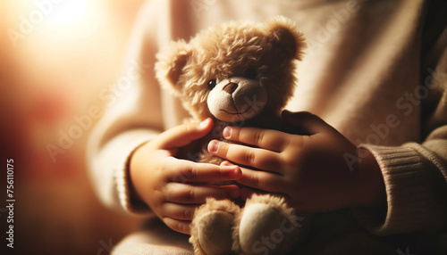 Child's hands gently holding a teddy bear. Child care concept. Ai generative