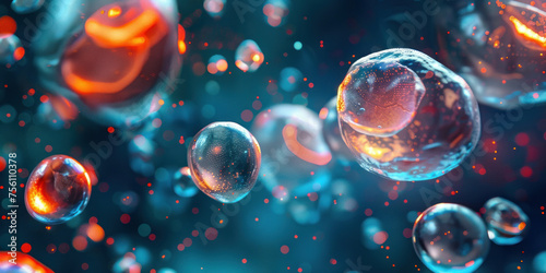 Colorful Floating Bubbles Illuminated by Red and Blue Lights in the Background