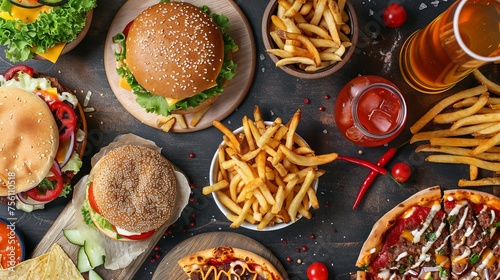 Unhealthy fast food with sauces on wooden table. Top view of various fast foods on the table. 