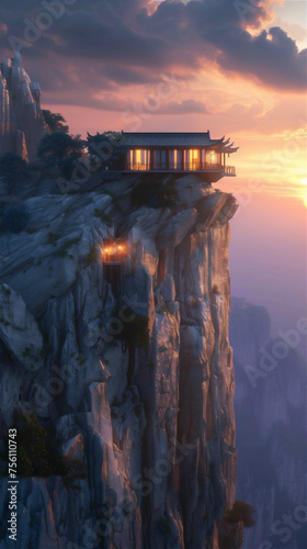 Scenic view of an Asian Traditional house in the edge of rock mountain with sea of clouds in dramatic sunset
