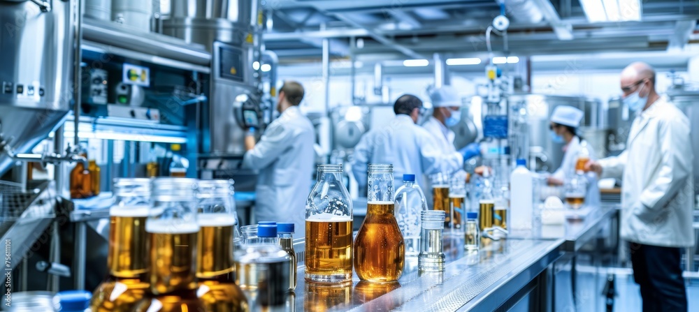 Modern beer production with lab technicians in stainless steel brewery for scientific brand